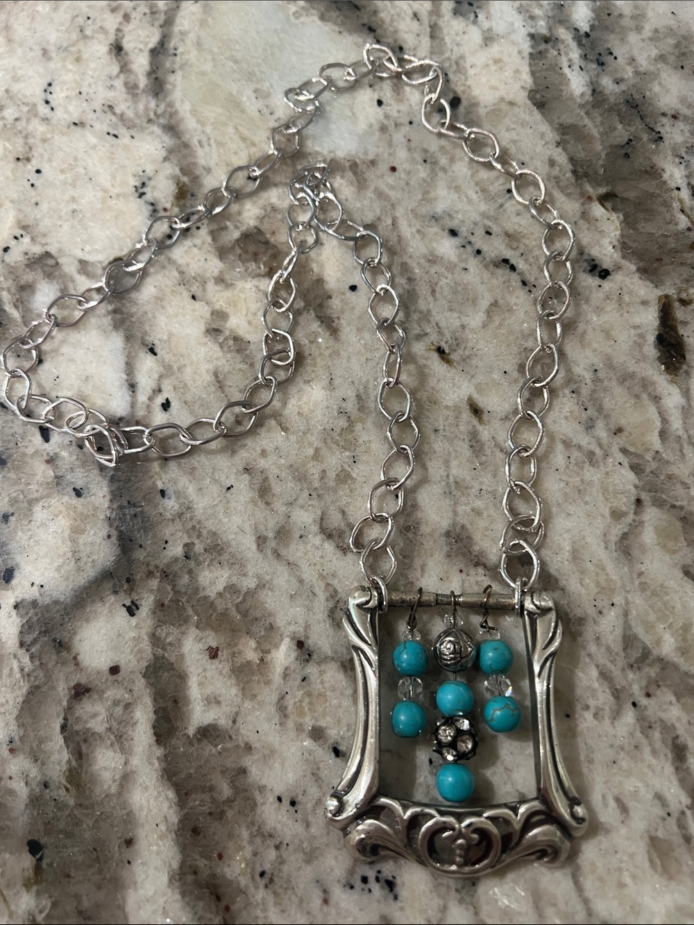 Handcrafted Silver Buckle Pendant Necklace with Turquoise Beads